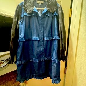 Black and blue ruffled denim dress